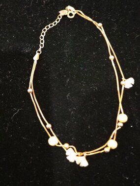 Buddha Stones Gold Tone Ankle Bracelet Ginkgo Leaves & Gold Glitter Beads-NEW
